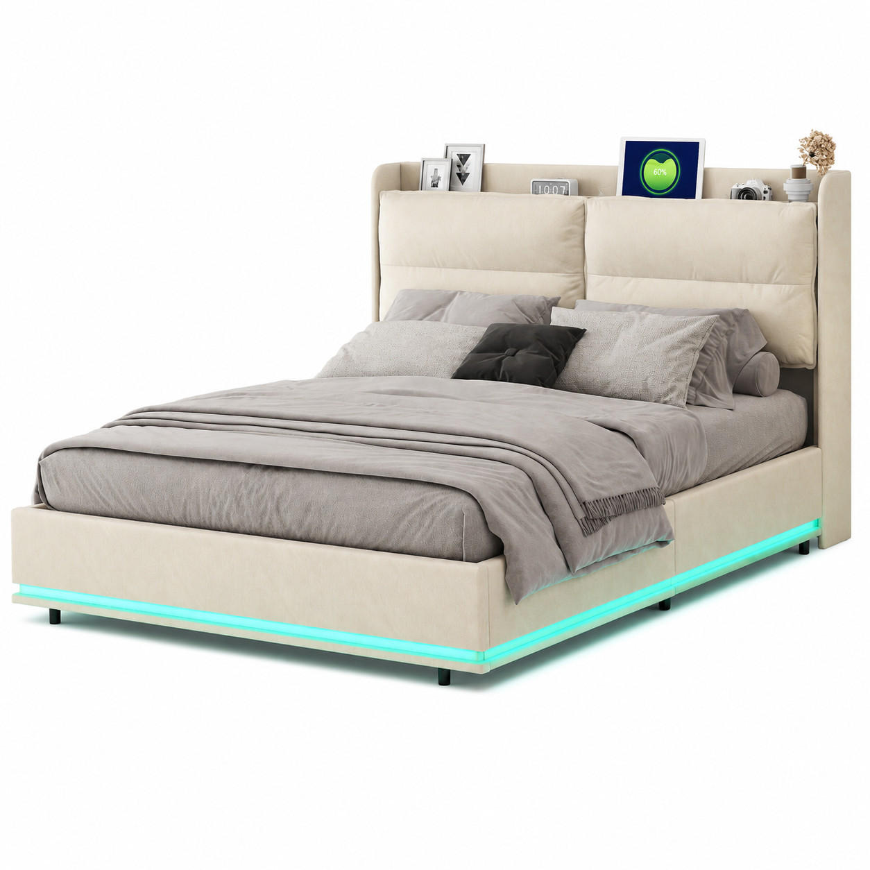 POLSTERBETT 140/200 cm mit LED-Beleuchtung, USB & gepolstertem Kopfteil - Beige, Holz/Metall (140/200cm) - Joyfair