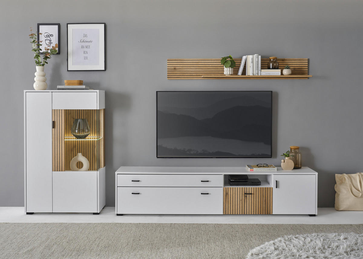 VITRINE weiß matt, Eiche 75 x 125 cm, Highboard mit Soft-Close-Funktion - Eichefarben/Schwarz, Glas/Holzwerkstoff (75/125/38cm)