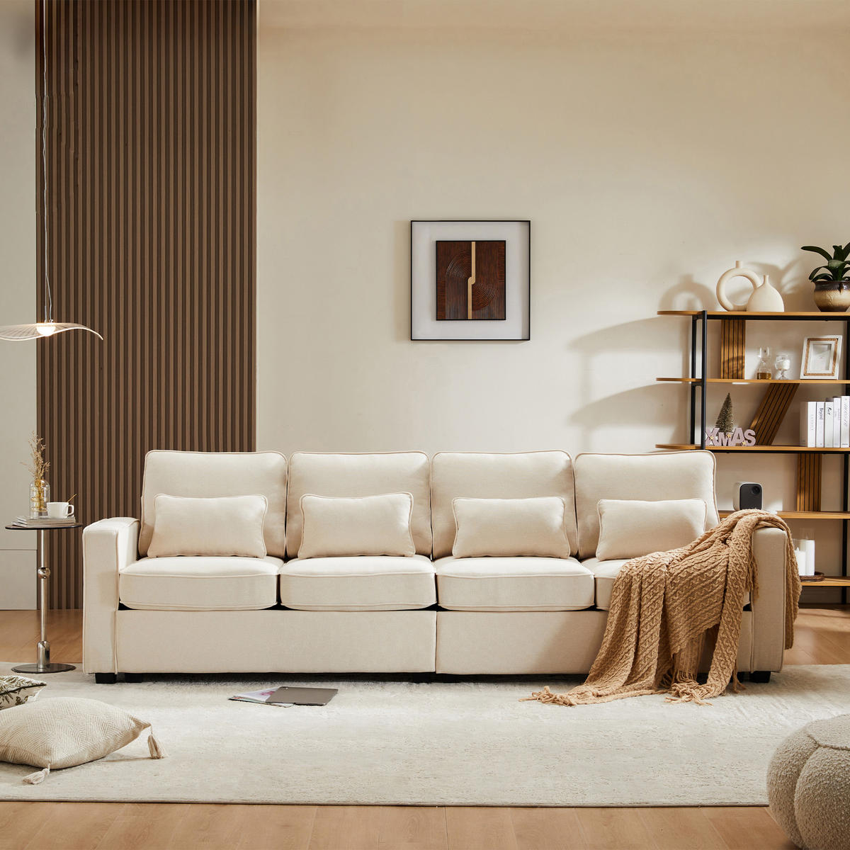 4-SITZER SOFA Leinen Beige mit Kissen und Armlehnentaschen - Beige, Holzwerkstoff/Kunststoff (264/87/83cm) - WISHDOR