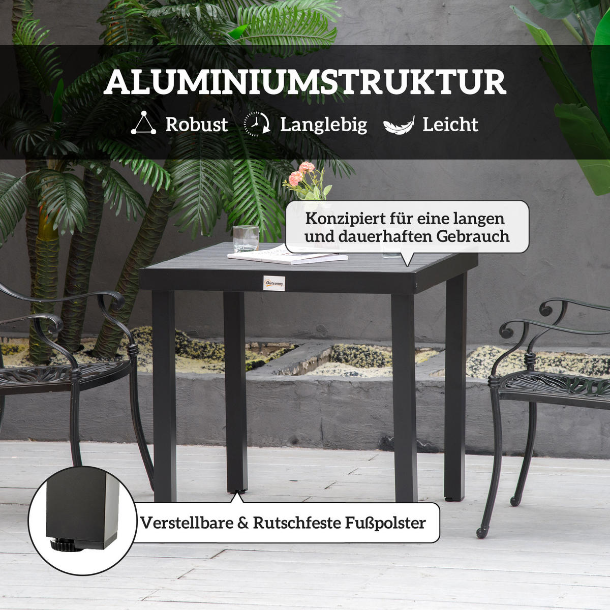 GARTENTISCH DE-07300 für 4 Personen, Holzoptik mit Aluminiumrahmen Schwarz - Schwarz, Kunststoff/Metall (78/78/74cm) - ComfortXL