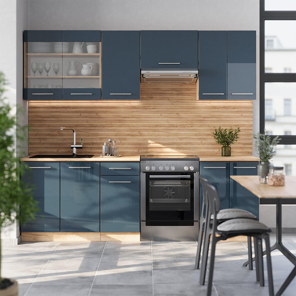 KÜCHENZEILE Fame-Line Dunkelblau Hochglanz/Goldkraft Eiche 240 cm AP Marmor - Eiche Wotan/Dunkelblau, Holzwerkstoff (240/81.6/60cm) - Vicco