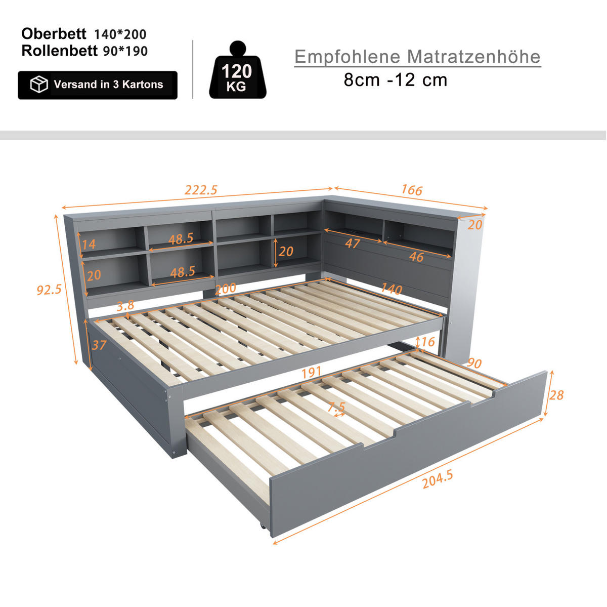 BETT 140/200 cm mit Ausziehbett 90/190 cm und USB, Massivholz, Grau - Grau, Holz (140/200cm) - BEAOK