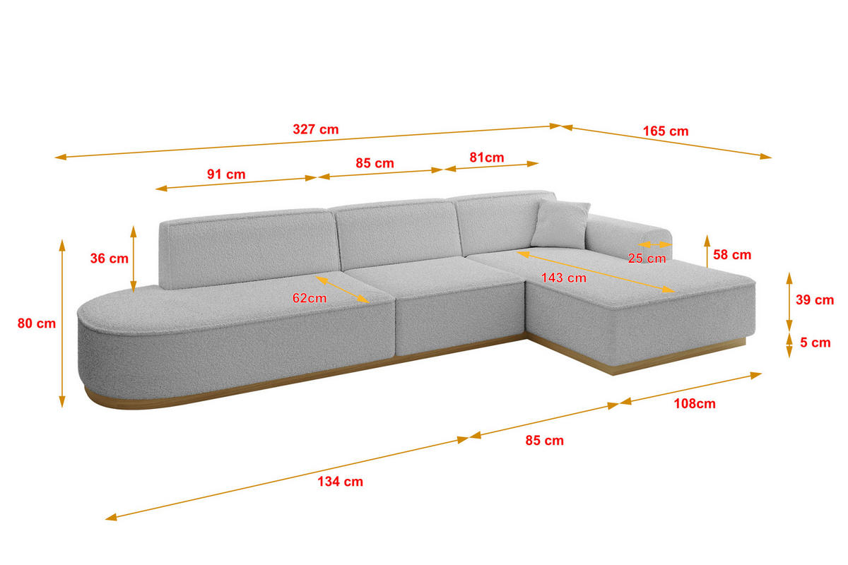 ECKSOFA Ottomane Rechts IREA-L2-v2 - 327x165x80 cm Hellgrau - Hellgrau, Holzwerkstoff/Textil (327/165cm) - ALTDECOR