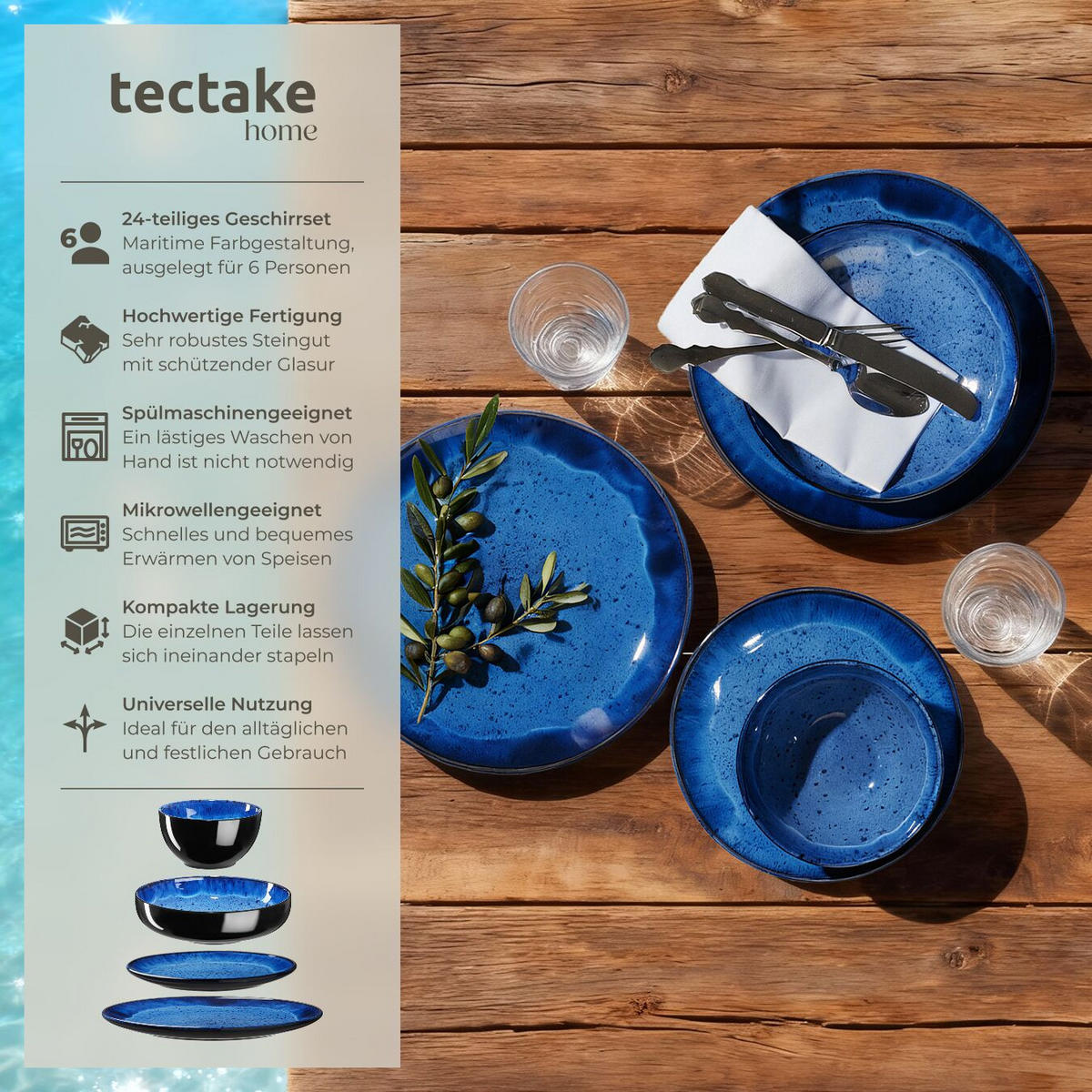 TAFELSERVICE Mare, ineinander stapelbar, blau - Blau, Keramik (26.5/2.5/26.5cm) - tectake