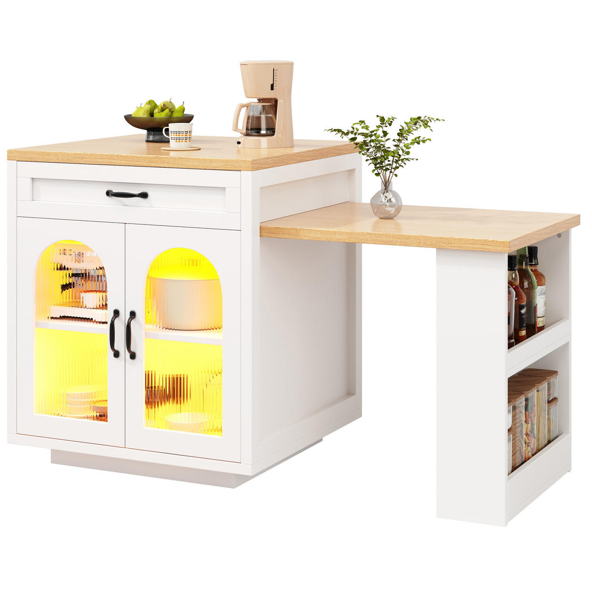 BUFFET aus MDF 126-196x59x94 cm Weiß mit RGB-LED, ausziehbarer Tischplatte und geriffelten Glastüren - Weiß, Holzwerkstoff (196/94/59cm) - Modfu