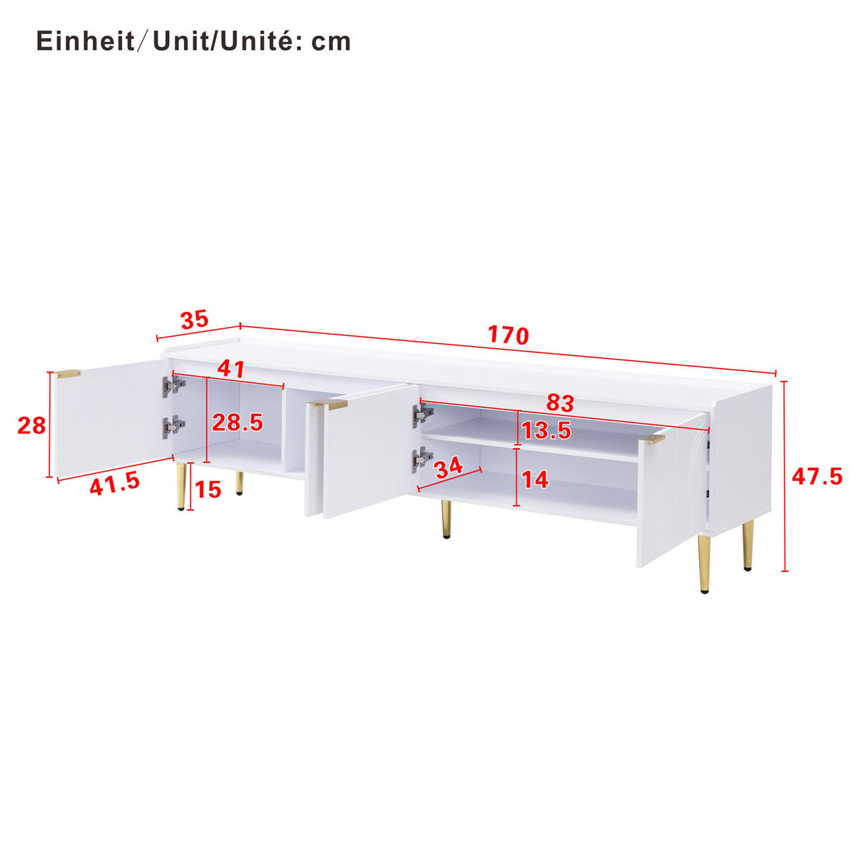 TV-LOWBOARD aus MDF 170x35x47,5 cm Weiß mit Kabeldurchführung und viel Stauraum - Weiß, Holzwerkstoff (170/47.5/35cm) - Modfu