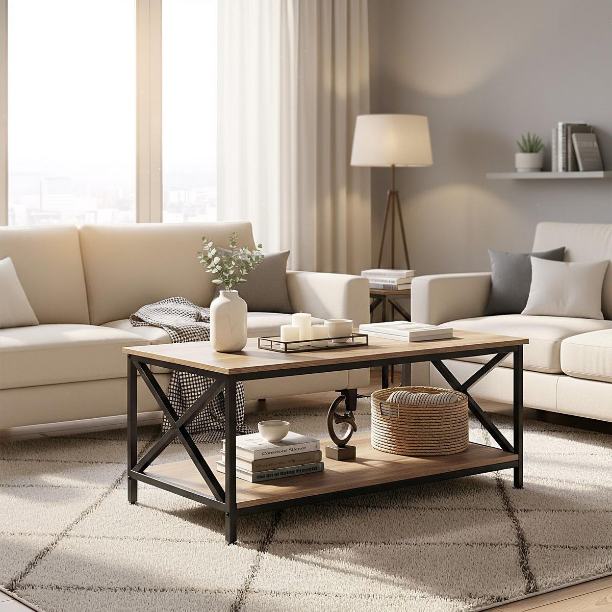 COUCHTISCH Pittsburgh,100 x 55 x 45,5 cm,Industrial Holz hell, Eiche Sonoma - Naturfarben, Holzwerkstoff (100/55/45.5cm) - tectake