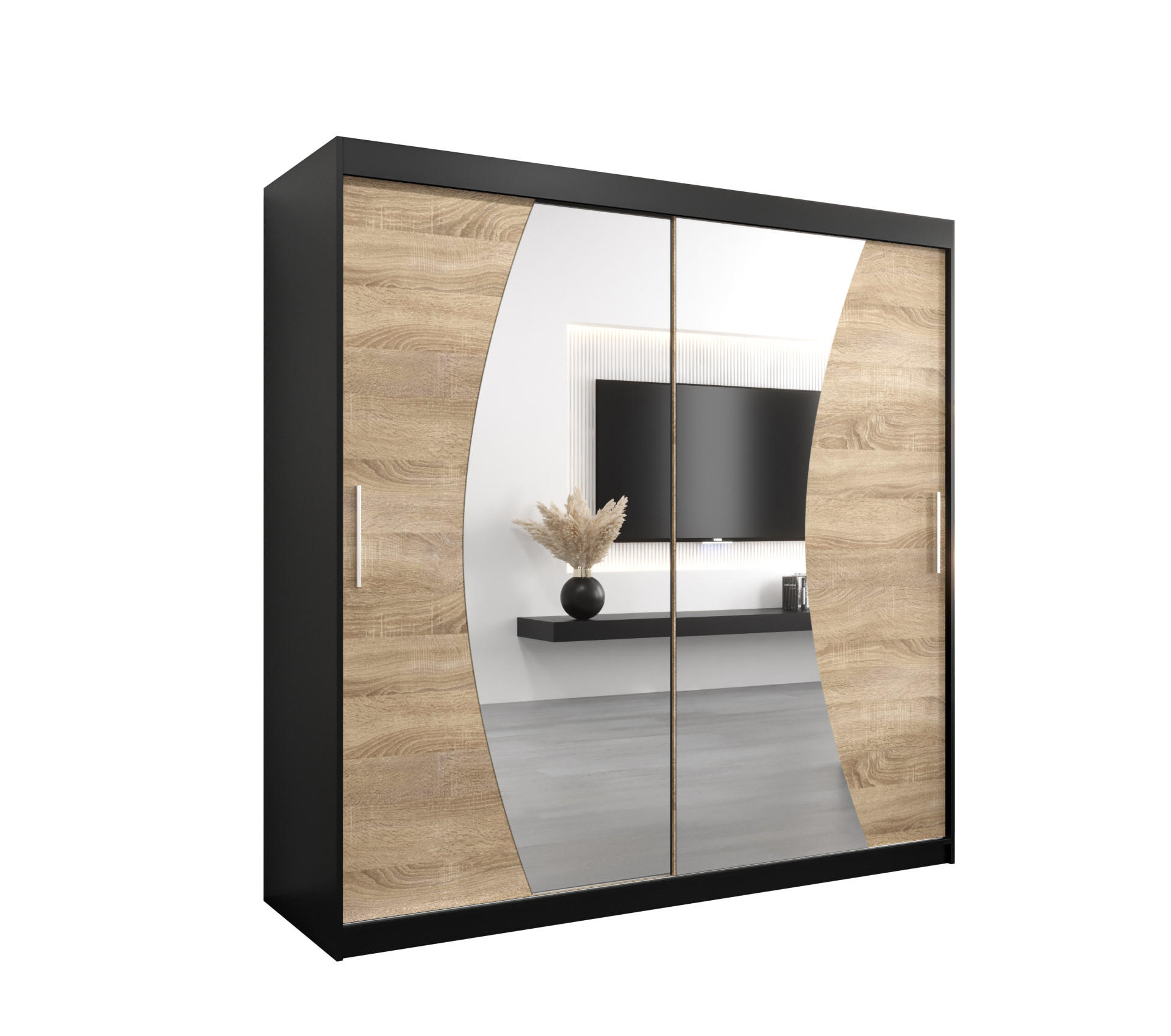 Abiks Möbel Schwebetürenschrank Schwarz, Sonoma Eiche 200x200x62 cm