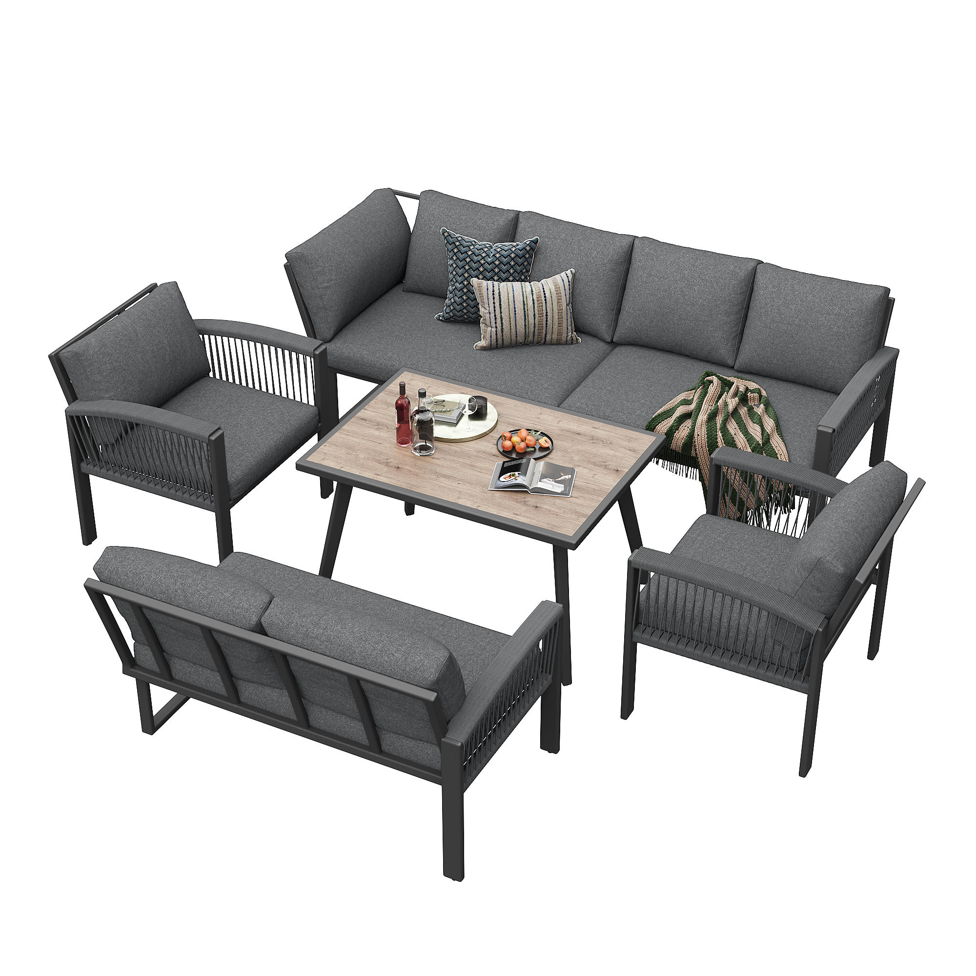 GARTEN-LOUNGE-SET 124/69/86 cm mit Tisch 100/60/72 cm grau aus Metall, Polyester und Holzwerkstoff mit Kissen - Grau, Metall - OKWISH
