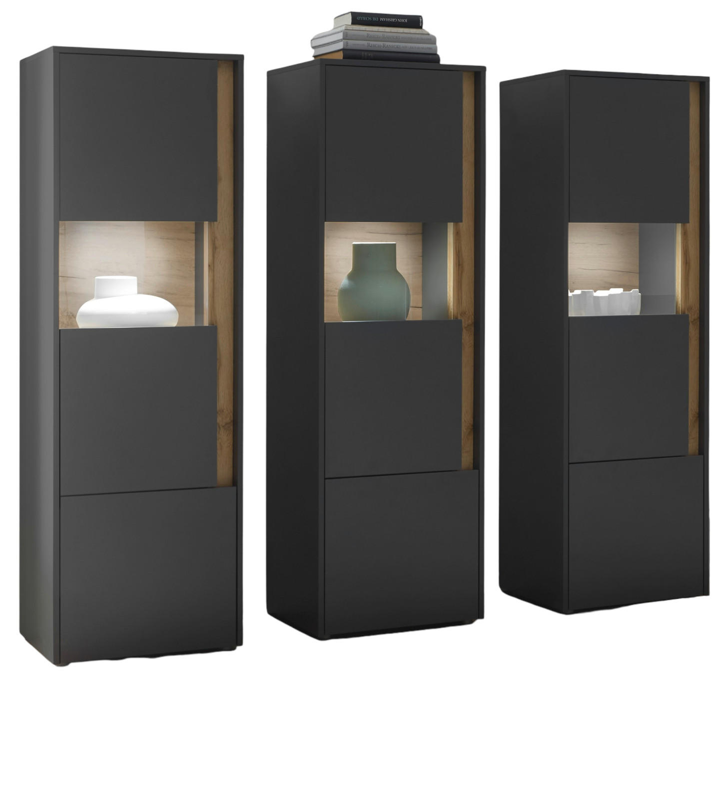 VITRINEN-SET 3-teilig grau matt, Wotan Eiche, Wohnkombination 3 x Vitrine, 190 x 155 cm - Anthrazit/Eiche Wotan, Holz/Holzwerkstoff (190/155/40cm) - Furn.Design