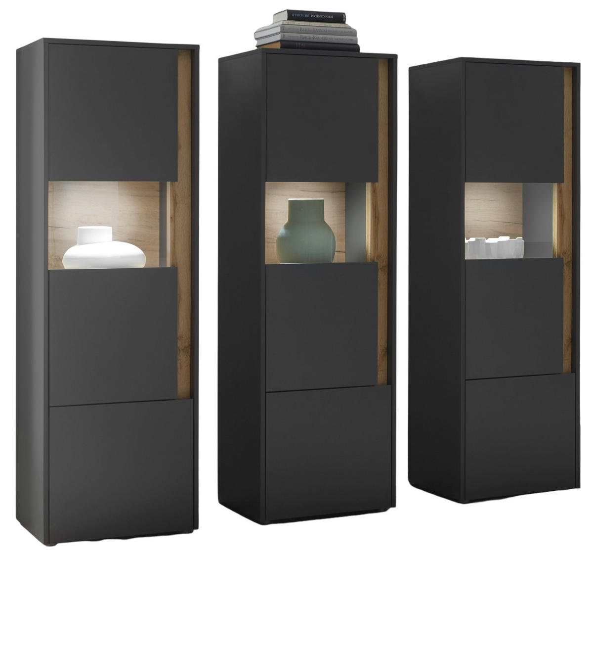 VITRINEN-SET 3-teilig grau matt, Wotan Eiche, Wohnkombination 3 x Vitrine, 190 x 155 cm - Anthrazit/Eiche Wotan, Holz/Holzwerkstoff (190/155/40cm) - Furn.Design