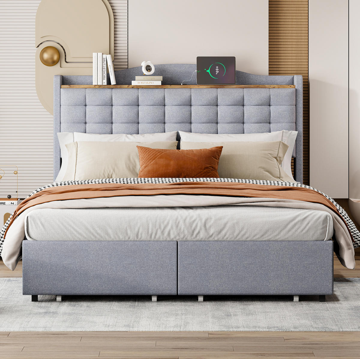 POLSTERBETT 140/200 cm grau mit Nachttisch und USB-Ladeanschluss - Grau, Textil (140/200cm) - OKWISH