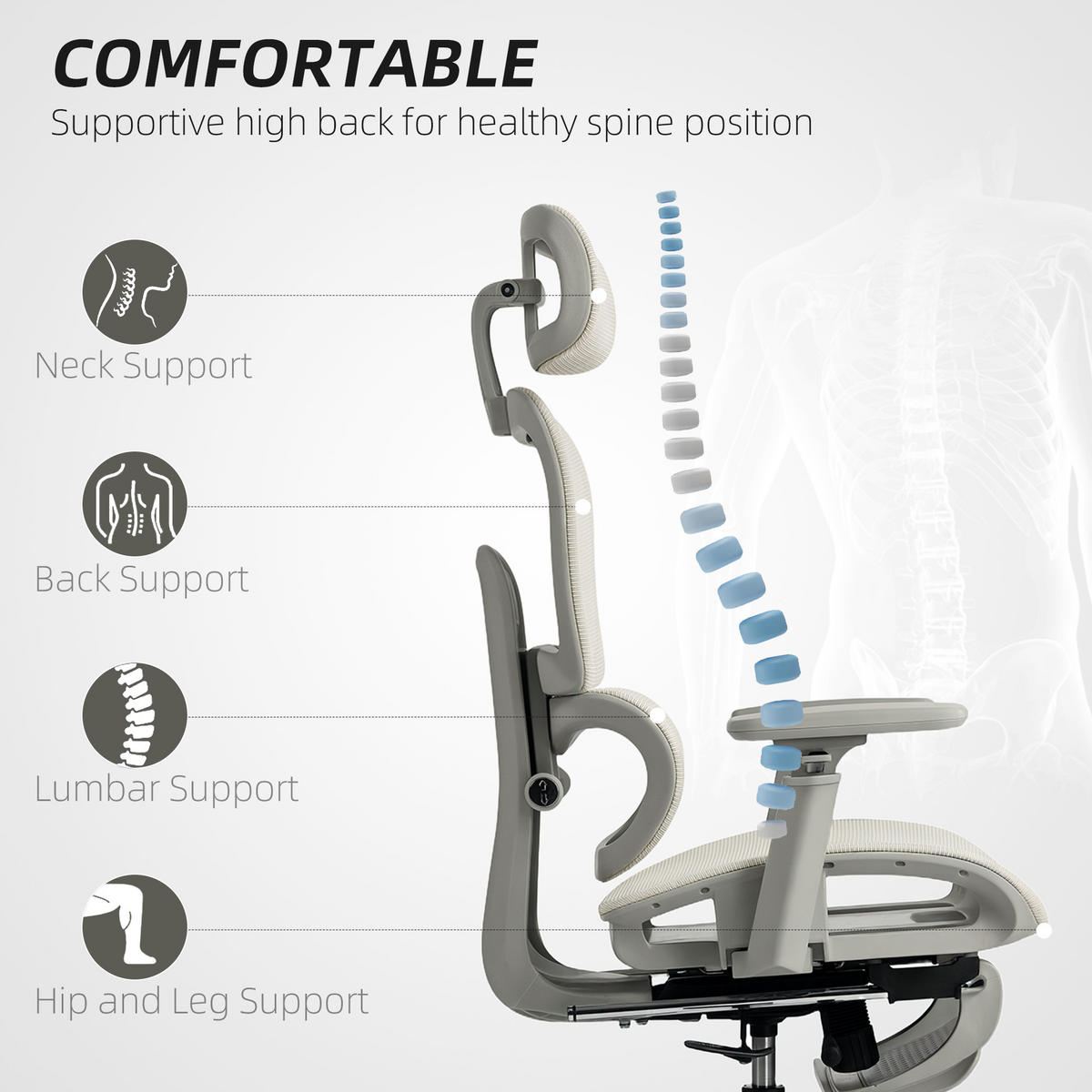 BÜROSTUHL mit Wippfunktion Liegefunktion Ergonomisch Höhenverstellbar Beige - Beige/Schwarz, Kunststoff/Textil (64/122/66cm) - HOMCOM
