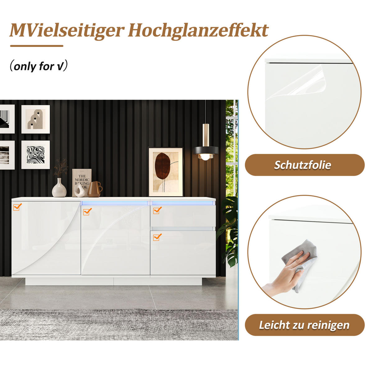 SIDEBOARD 140/40/60 cm weiß aus MDF mit LED-App-Steuerung und verstellbaren Einlegeböden - Weiß, Holzwerkstoff (140/60/40cm) - OKWISH