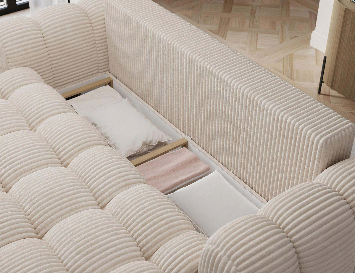 SCHLAFSOFA COTONN 256 cm – Modernes 3-Sitzer Sofa mit Schlaffunktion, Bettkasten und Dekokissen - Weiß, Kunststoff (256/119/105cm) - Wohnideebilder