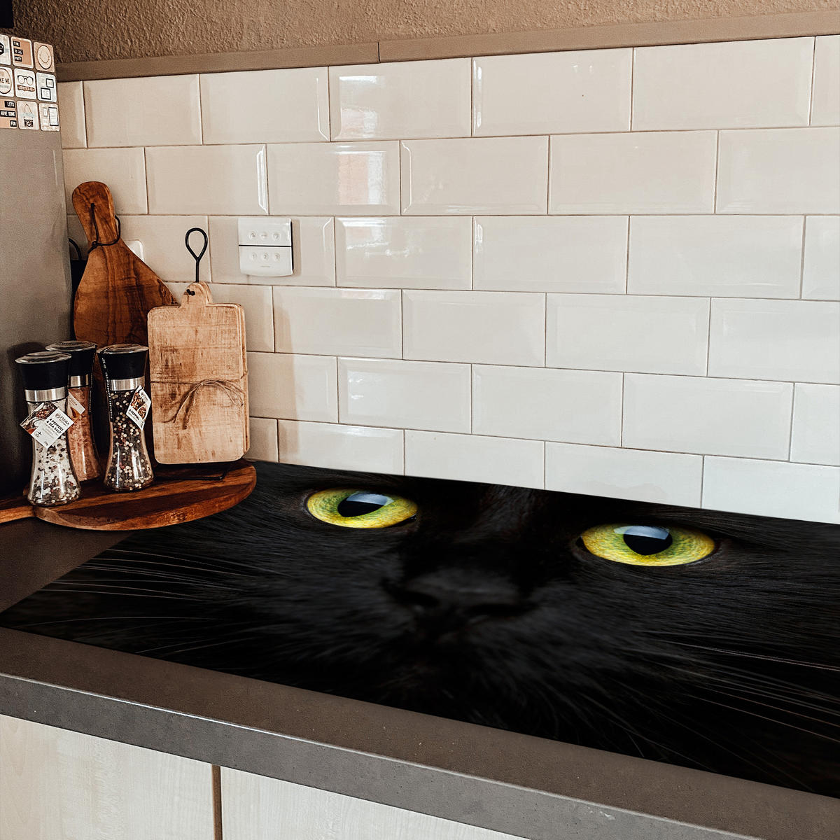 HERDABDECKPLATTE Katze - Augen - Gelb - Schwarz Induktionsschutz 91.6x52.7 cm - Schwarz, Kunststoff (91.6/52.7/0.2cm) - MuchoWow