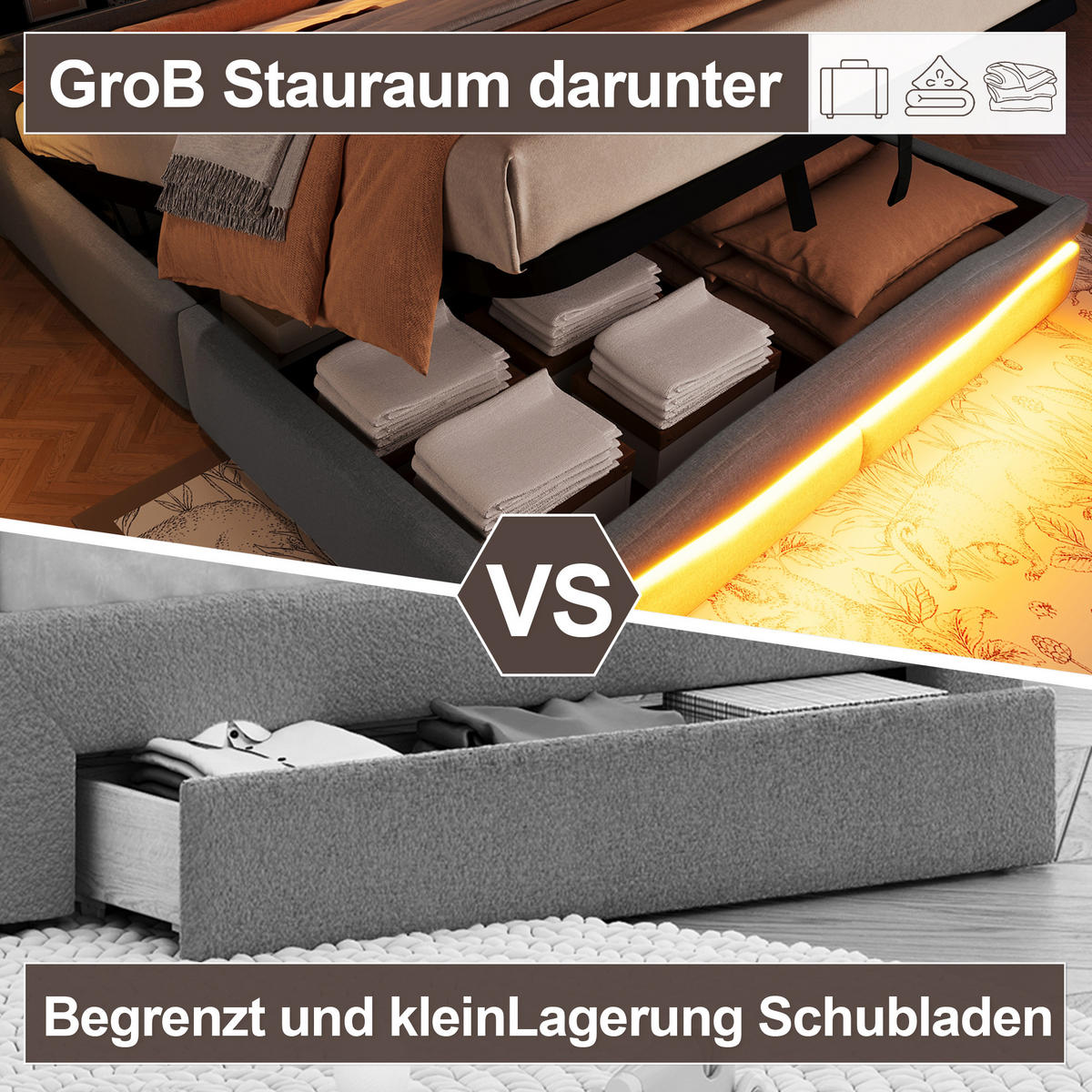 POLSTERBETT 160x200cm Grau USB-C LED-Licht Kopfteil Hydraulik - Grau, Holz (160/200cm) - FLIEKS