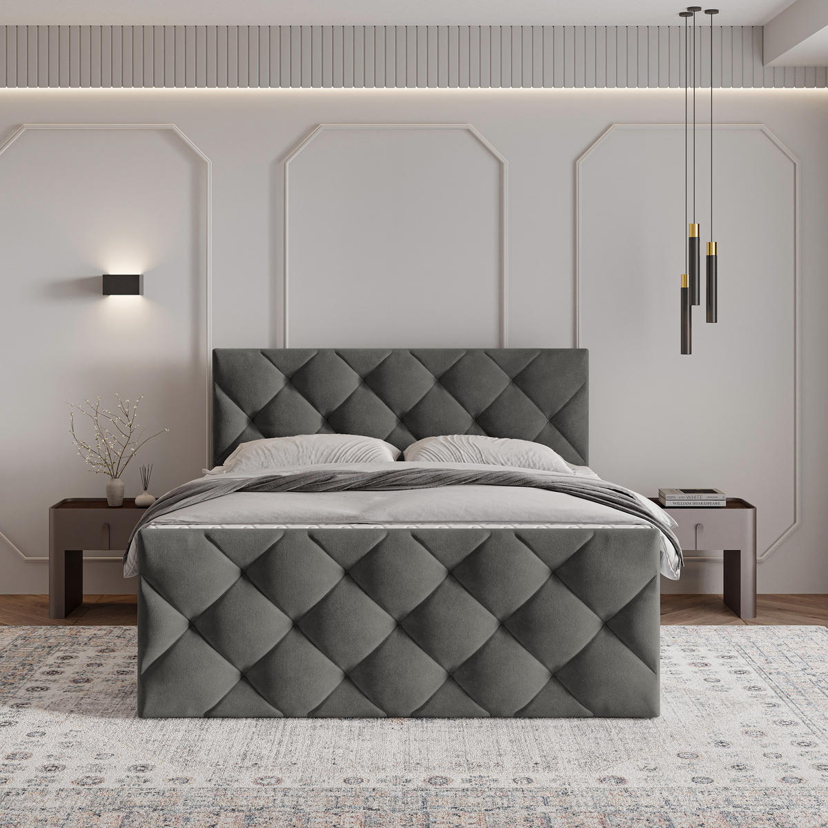 BOXBETT ROVARI 160x200 cm mit Matratze und Topper - Grau - Grau, Holz (160/200cm) - MASSENO