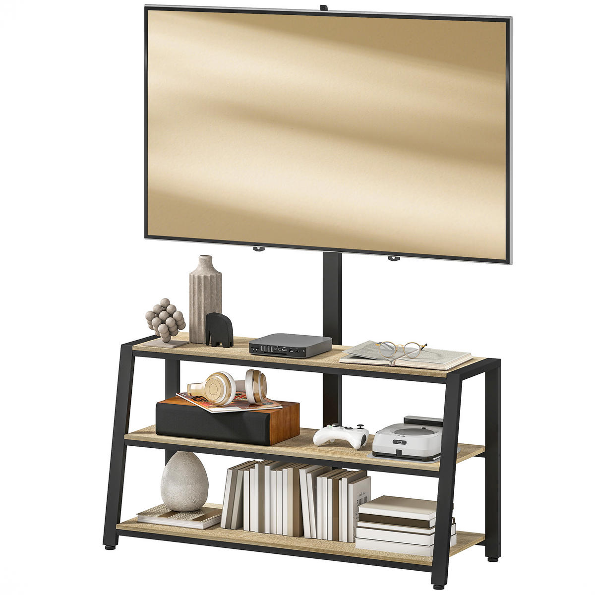 TV-SCHRANK Natur/Schwarz 108/41/135 cm, Schwenkbare Halterung, Offene Fächer, Holzoptik - Naturfarben, Holzwerkstoff (108/135/41cm) - PANGIVO