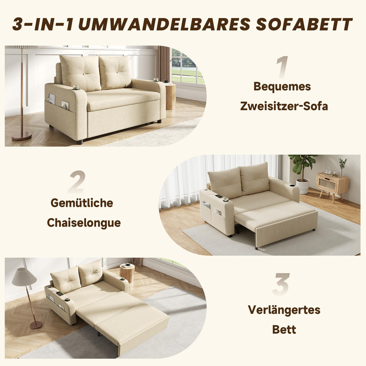 SCHLAFSOFA 3-in-1 Cotton-Linen mit USB-Anschluss und Getränkehaltern Beige 131/81/94 cm - Beige, Textil (81/94/131cm) - Redom