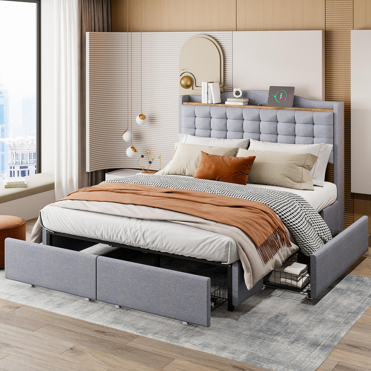 BETT grau 200/146/110 cm - Grau, Textil/Metall (140/200cm) - Urban Meuble