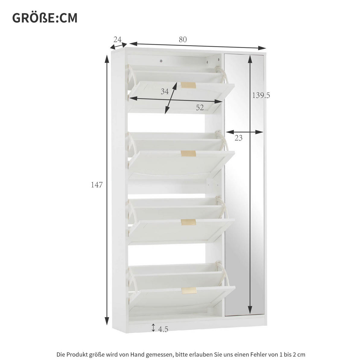 SCHUHSCHRANK in Weiß Schuhkommode mit Spiegel 4 klappbaren Fächern verstellbares Regal hinter Spiegel ,B80/T24/H147cm - Weiß, Glas/Holzwerkstoff (80/147/24cm) - STILVORA
