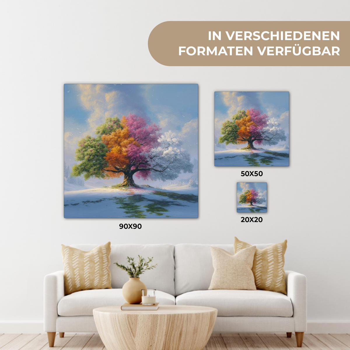 LEINWANDBILD Baum - Jahreszeiten - Winter - Landschaft Deko Groß 90x90 cm - Multicolor, Textil (90/90cm) - MuchoWow