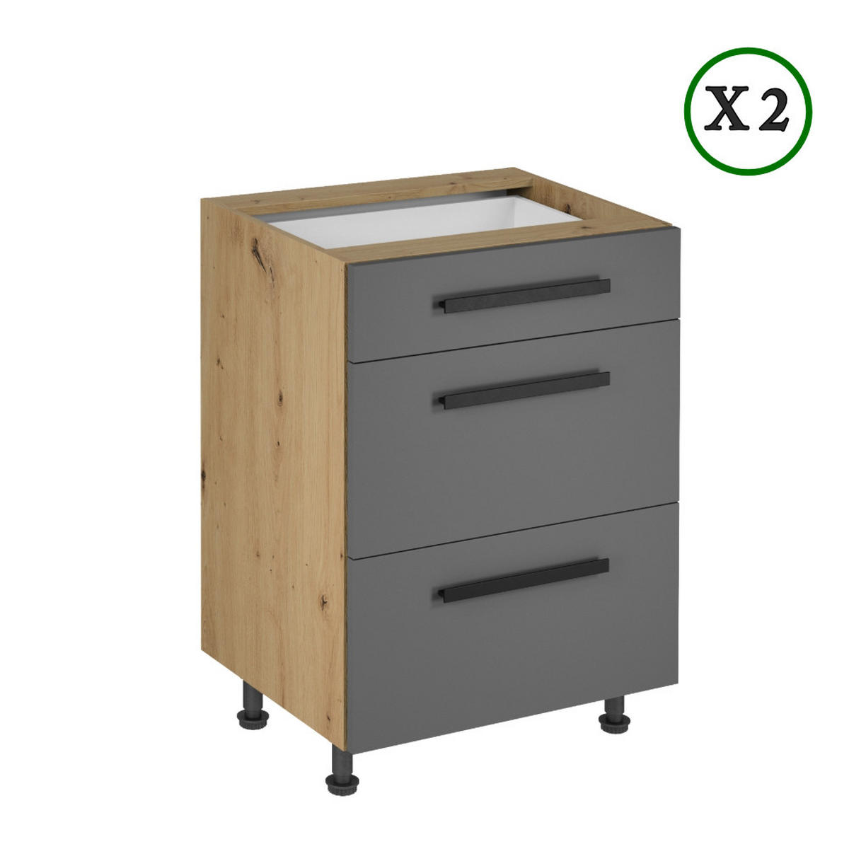 KÜCHENZEILE 360 cm – LangenK72-M360 - in Grau / ArtisanEiche - Schwarz/Eiche Artisan, Holzwerkstoff/Metall (360/248/58cm)