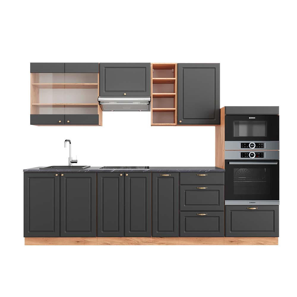 KÜCHENZEILE Fame-Line Anthrazit Landhaus/Goldkraft Eiche 280 cm AP Anthrazit - Dunkelgrau/Eiche Wotan, Holzwerkstoff (280/81.6/60cm) - Vicco