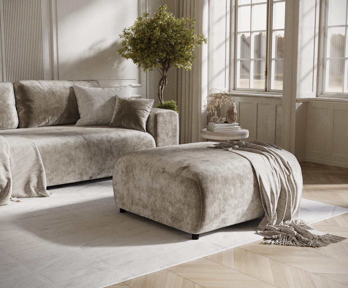 POUF S Zanzibar Beige Chenille - Beige/Schwarz, Holz/Holzwerkstoff (88/37/88cm) - Maison de Reve