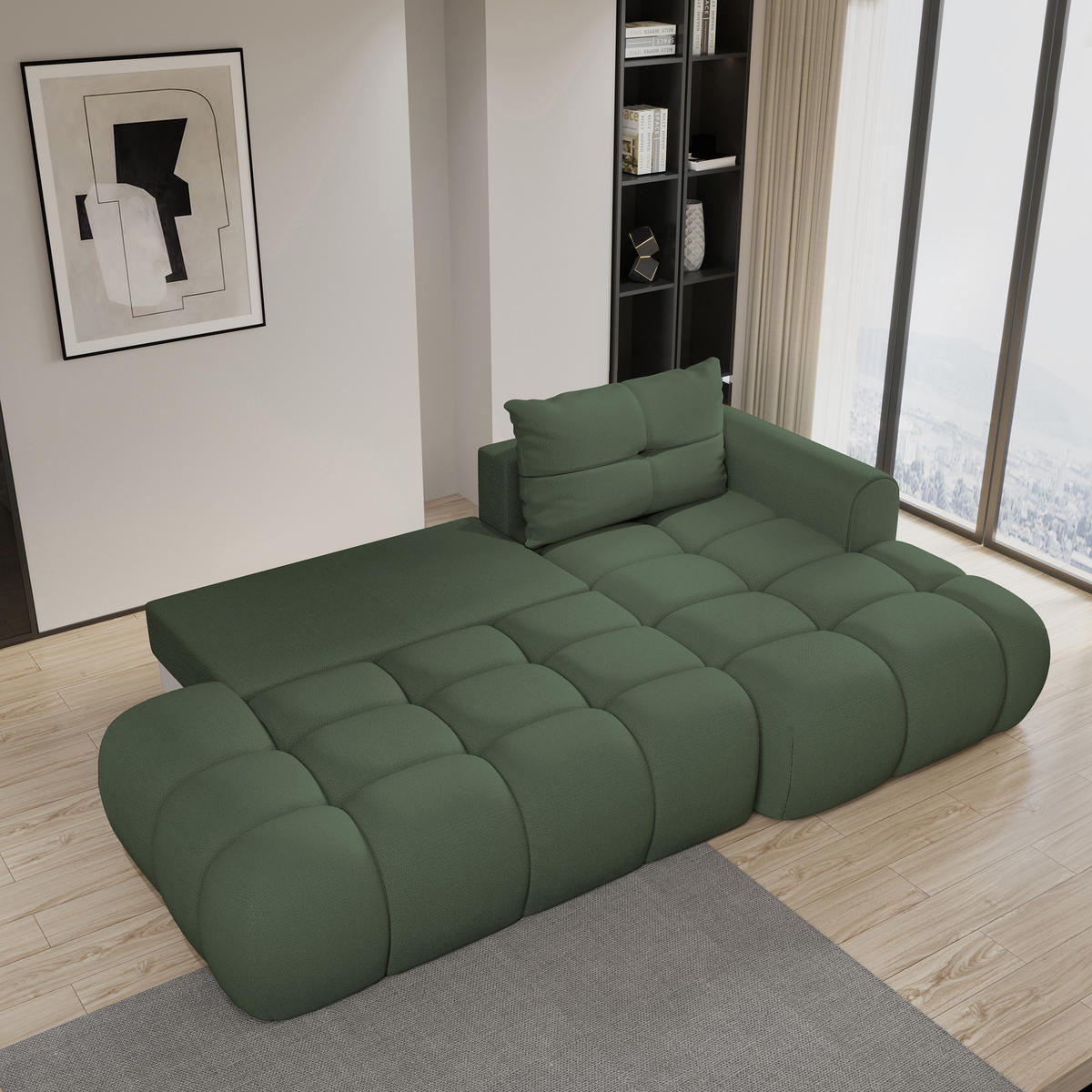 ECKSOFA FLUMA R-S Grün Geflochtener Stoff mit Schlaffunktion - Grün, Holz (274/165cm) - MASSENO