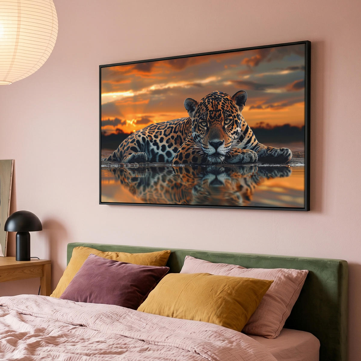 LEINWAND Bilder mit Rahmen - Natur - Leopard - Tier - Sonnenuntergang - Modern - 120x80 - Orange, Textil (120/80cm) - MuchoWow