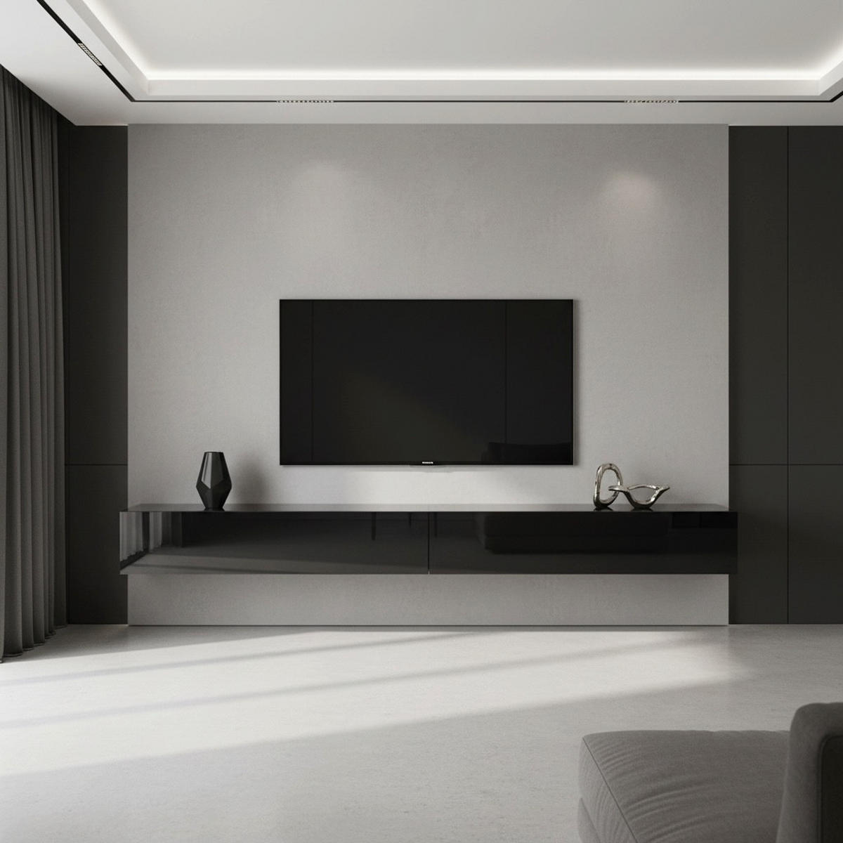 LOWBOARD Lia, hängendes Tv-Board, Moderner Fernsehschrank 330 cm lang Fernsehtisch 2er Set, Schwarz matt/Schwarz Hochglanz (38,5 x 330 x 30 cm) - Schwarz Hochglanz, Holzwerkstoff (330/30/38.5cm) - InnoFurn