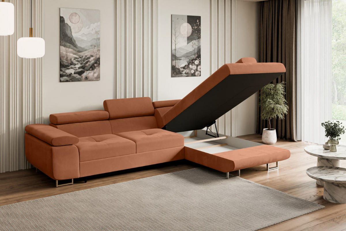 ECKSOFA mit Schlaffunktion und Bettkasten GUSA-L 272x202x107 cm Koralle Velours - Koralle/Silberfarben, Holzwerkstoff/Textil (272/202cm) - ALTDECOR