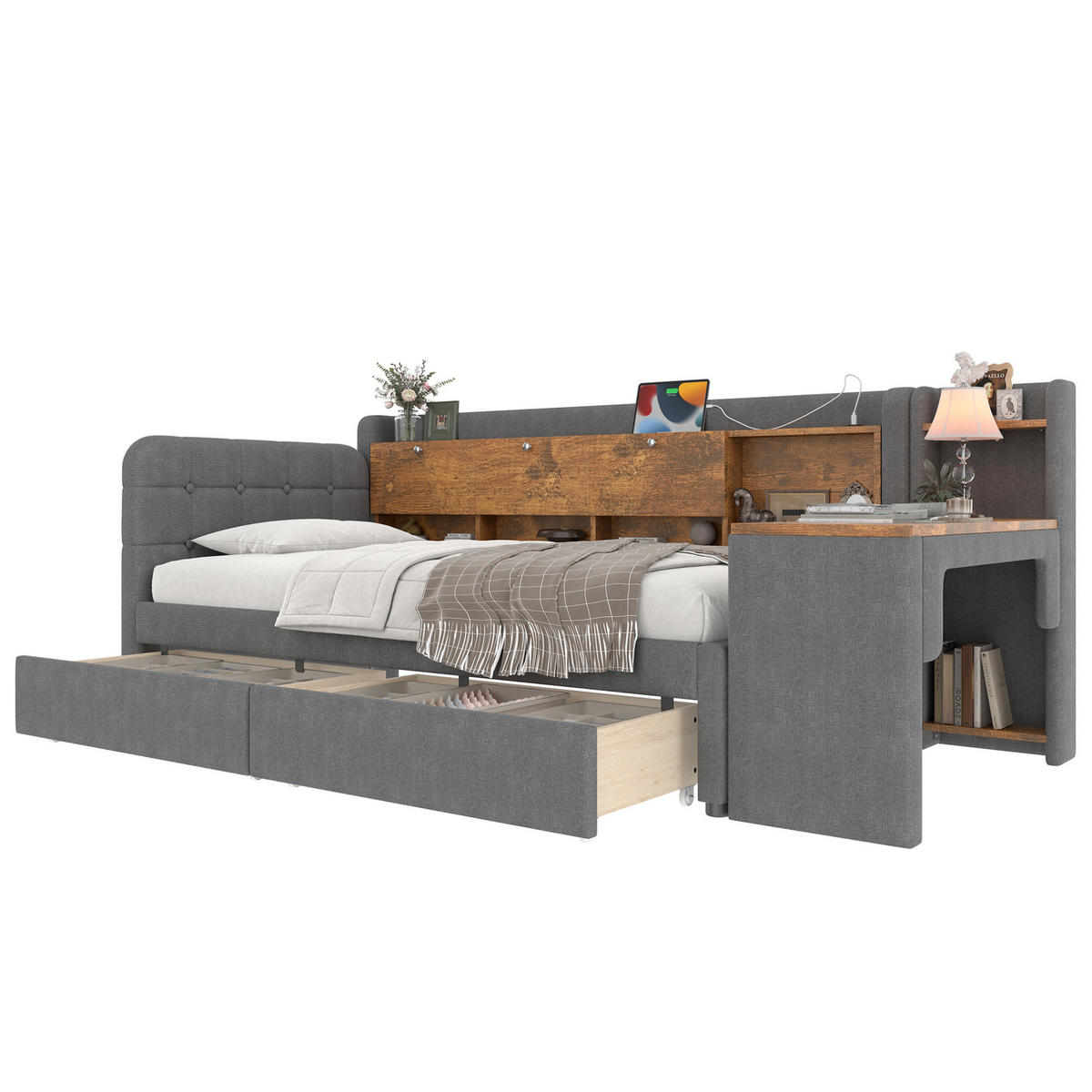 POLSTERBETT 90/200 cm Grau mit 2 Schubladen, Schreibtisch und USB - Grau, Textil (90/200cm) - Flora Grace