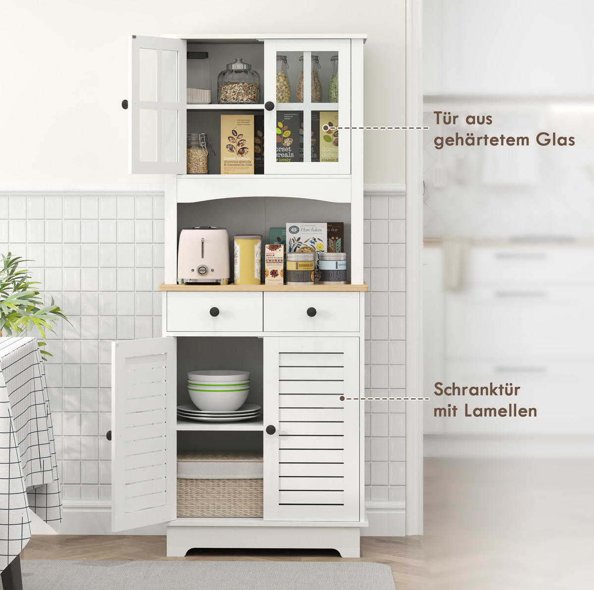 BUFFET aus MDF und Kautschukholz 68x39,5x170 cm Weiß mit verstellbaren Regalen, Lamellentüren und 2 Schubladen - Weiß, Holzwerkstoff (68/170/39.5cm) - Modfu