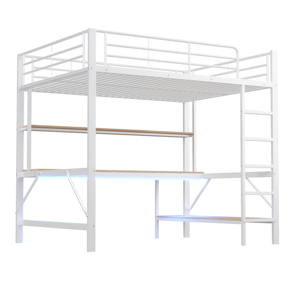 HOCHBETT 140/200 cm mit Schreibtisch, Regal, USB, Steckdose und LED-Beleuchtung aus Metall/MDF, Weiß - Weiß, Metall (140/200cm) - Redom