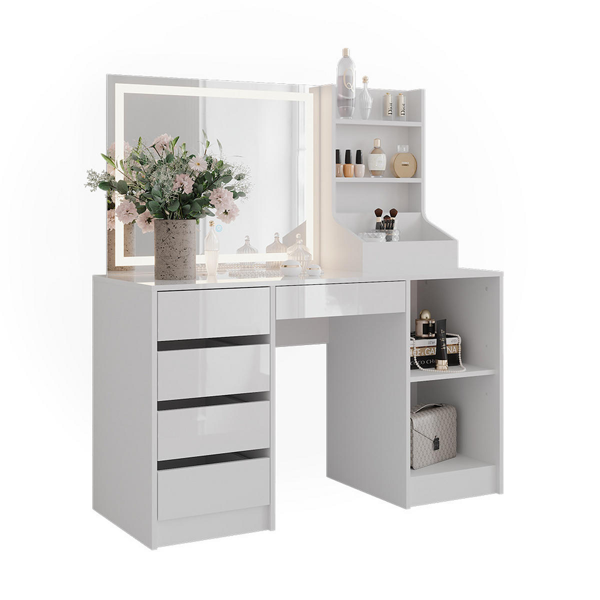 SCHMINKTISCH Sherry Weiß/Weiß Hochglanz 128.2 cm 3 Teile - Weiß Hochglanz, Holzwerkstoff (128.2/76/50.1cm) - Vicco