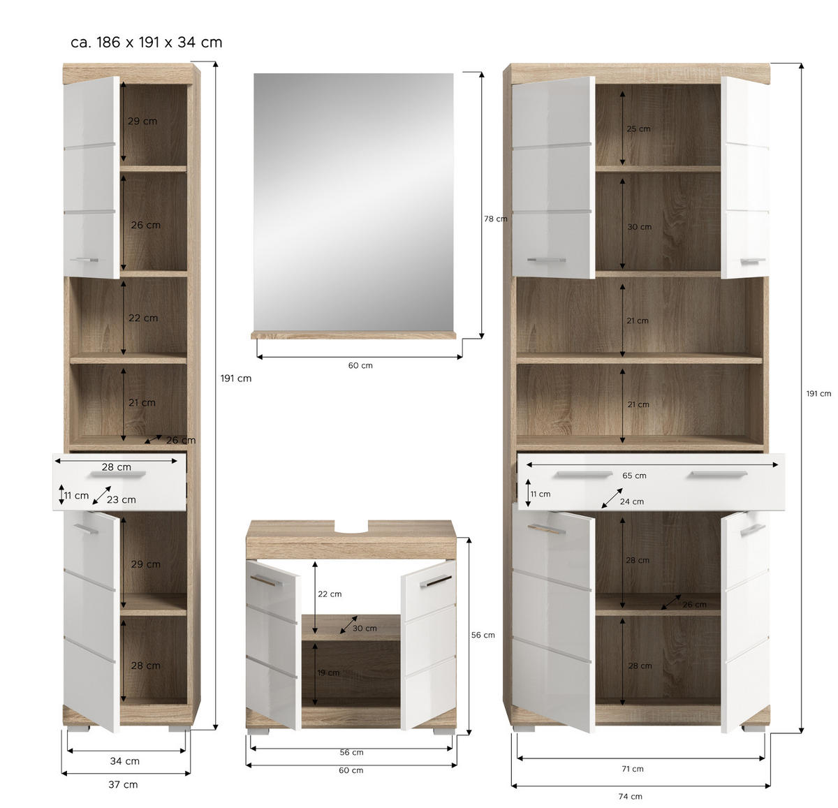 BADMÖBEL-SET weiß Hochglanz, Eiche 4-teilig 186 cm, viel Stauraum - Weiß Hochglanz/Eichefarben, Holzwerkstoff (186/191/34cm) - Inn.Furn