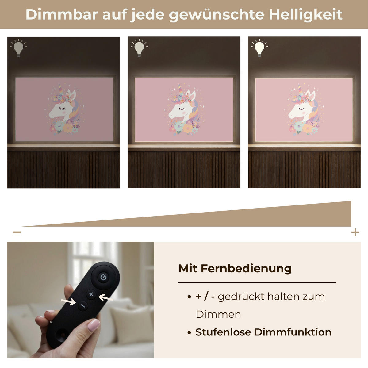 NÁSTĚNNÁ LAMPA S AKUMULÁTOREM Jednorožec - růžová - květiny 60x40 cm - růžová, kompozitní dřevo (60/40/8cm) - OnlyWow
