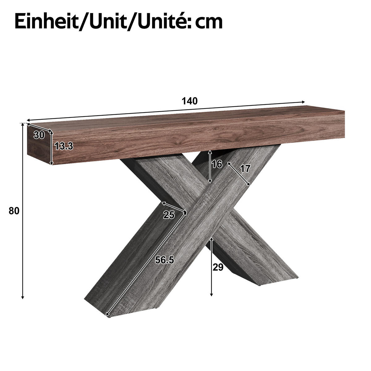 KONSOLENTISCH X Beine Holzoptik schmal - Nussbaumfarben, Holzwerkstoff (30/140/80cm) - Fortuna Lai