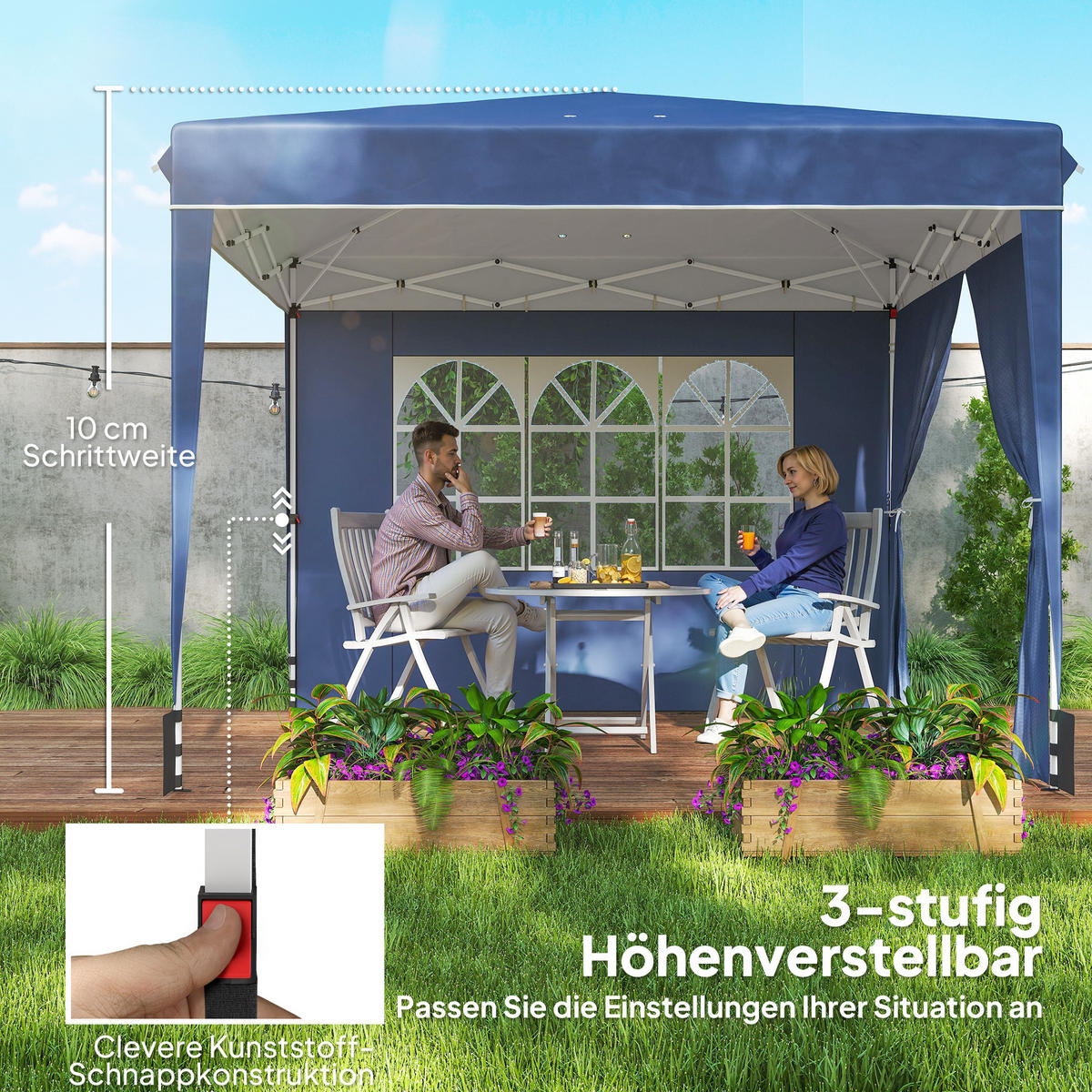PAVILLON 3 x3 m Wasserdicht höhenverstellbar Pop-up Faltpavillon Dunkelblau - Weiß/Dunkelblau, Textil/Metall (300/275/300cm) - Outsunny