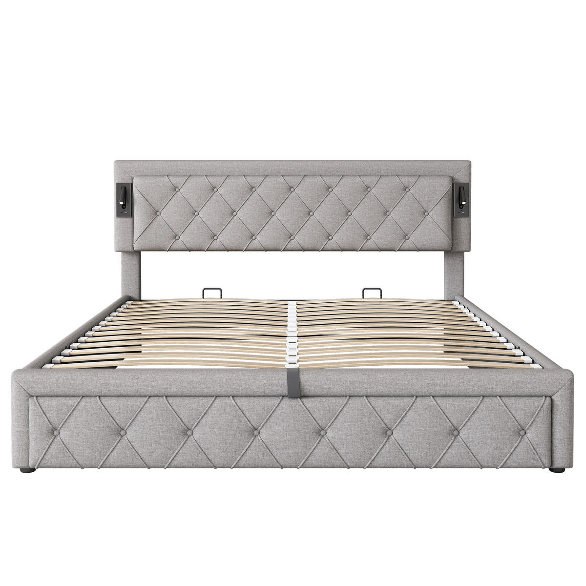 POLSTERBETT 180/200 cm in Grau Leinen mit Bettkasten, LED und USB Rauten-Kopfteil - Grau, Holzwerkstoff/Textil (180/200cm) - STILVORA