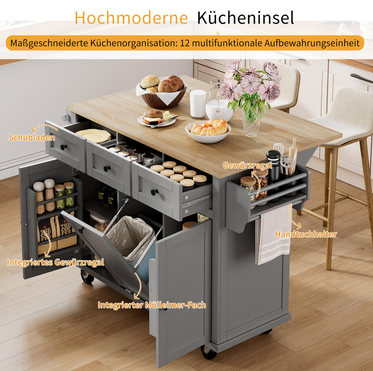 KÜCHENINSEL 112/92,7/46,2-76,2 cm Natur/Grau aus MDF mit ausziehbarer Arbeitsplatte - Grau, Holzwerkstoff (46.2/92.7/131.2cm) - OKMYHOME