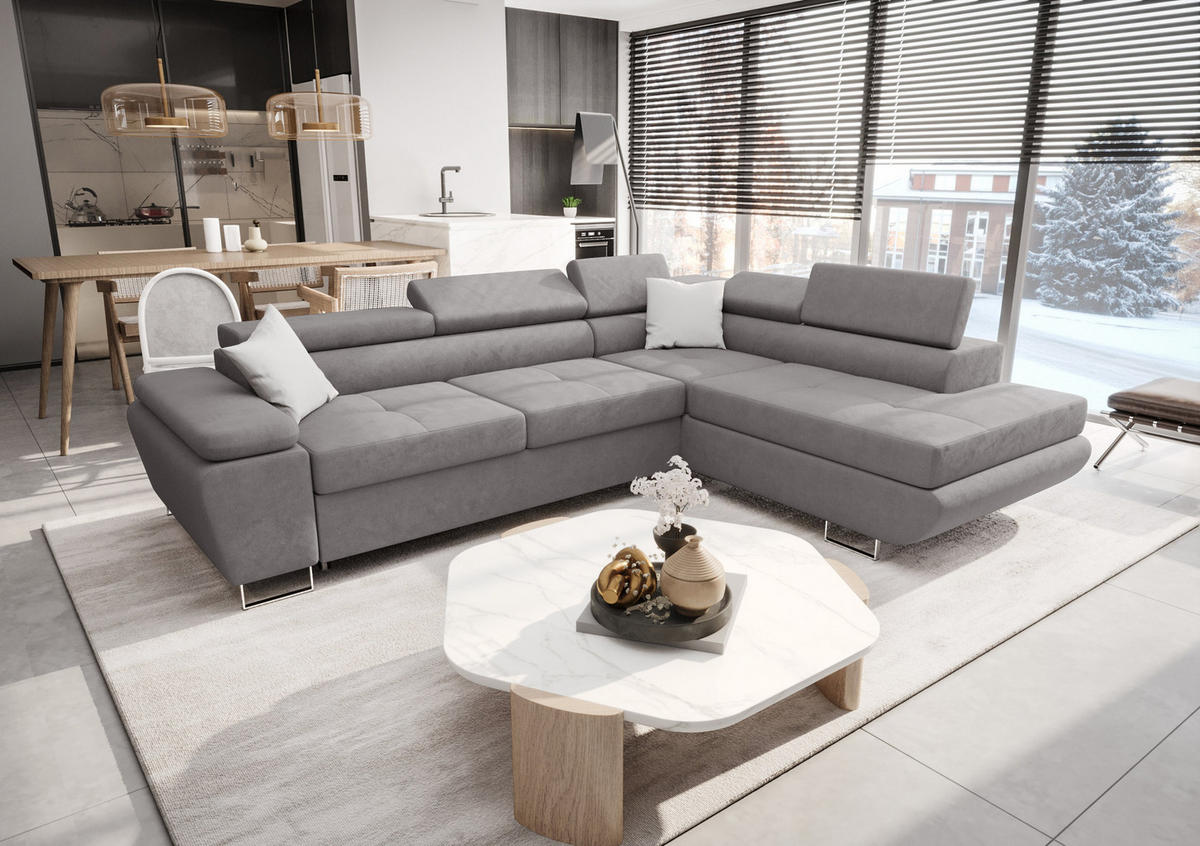 ECKSOFA KONGO RBN04, Eckcouch in L-Form mit Schlaffunktion, Farbe: Grau, Velourstoff, Ottomane Rechts - Grau, Textil (272/200cm) - O-Sofa