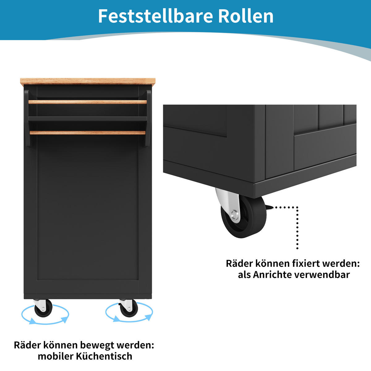 SERVIERWAGEN 102x45x92cm Schwarz mit Weinregal,Trennwänden & Lenkrollen - Schwarz, Holzwerkstoff (102/92/45cm) - Modfu