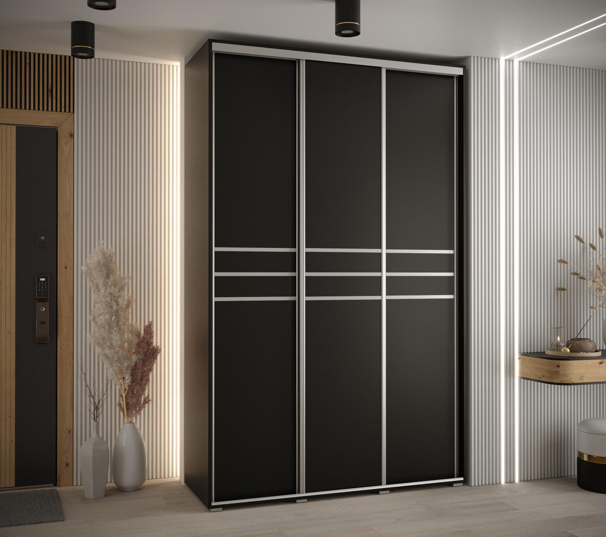 SCHWEBETÜRENSCHRANK 235,2/160/45 3-türig - Silberfarben/Schwarz, Holz/Metall (160/235/45cm) - Abiks Möbel