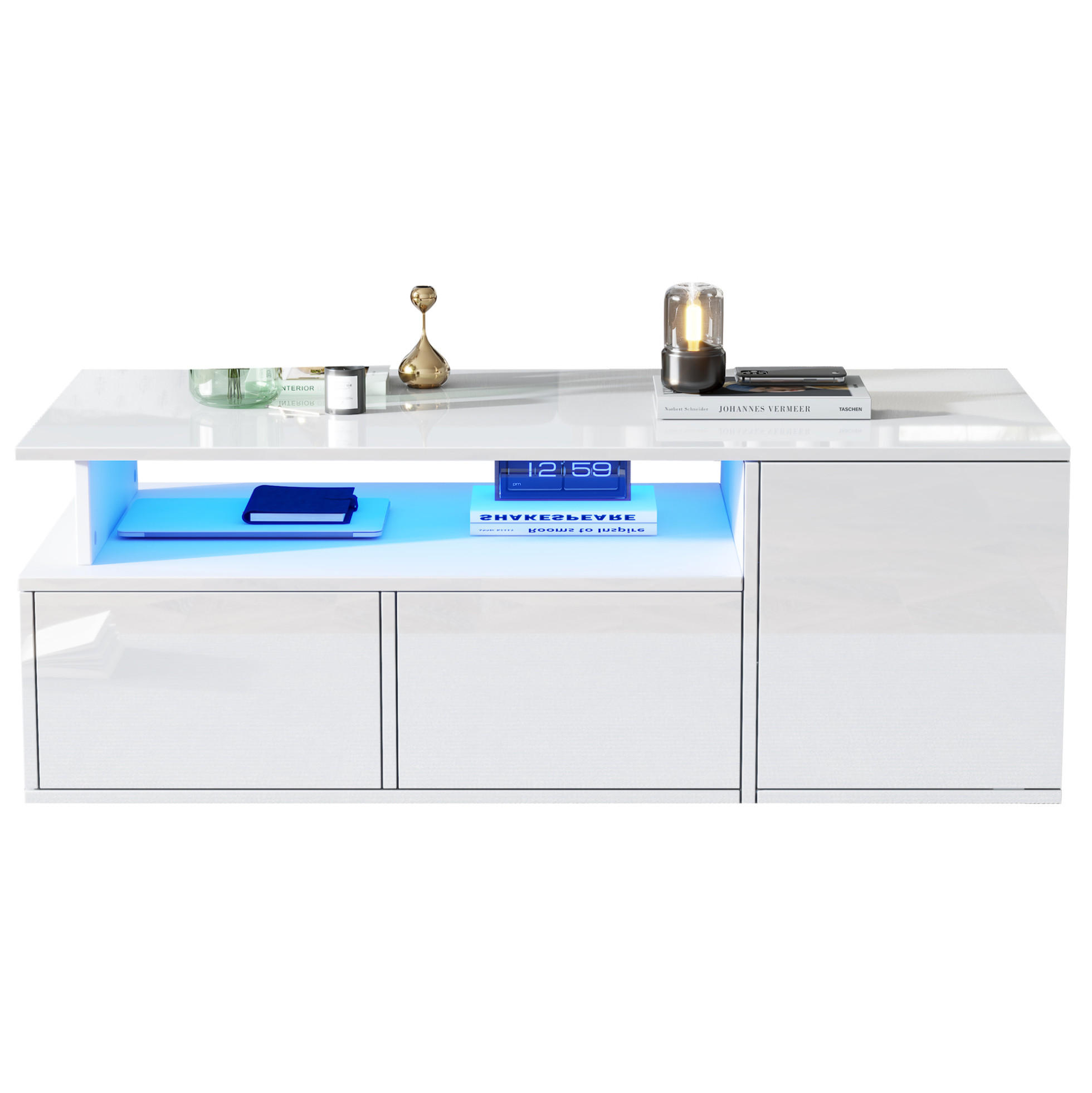 COUCHTISCH 100/50/35 cm weiß aus Spanplatte mit LED und 2 Schubladen - Weiß, Holzwerkstoff (100/50/35cm) - OKMYHOME
