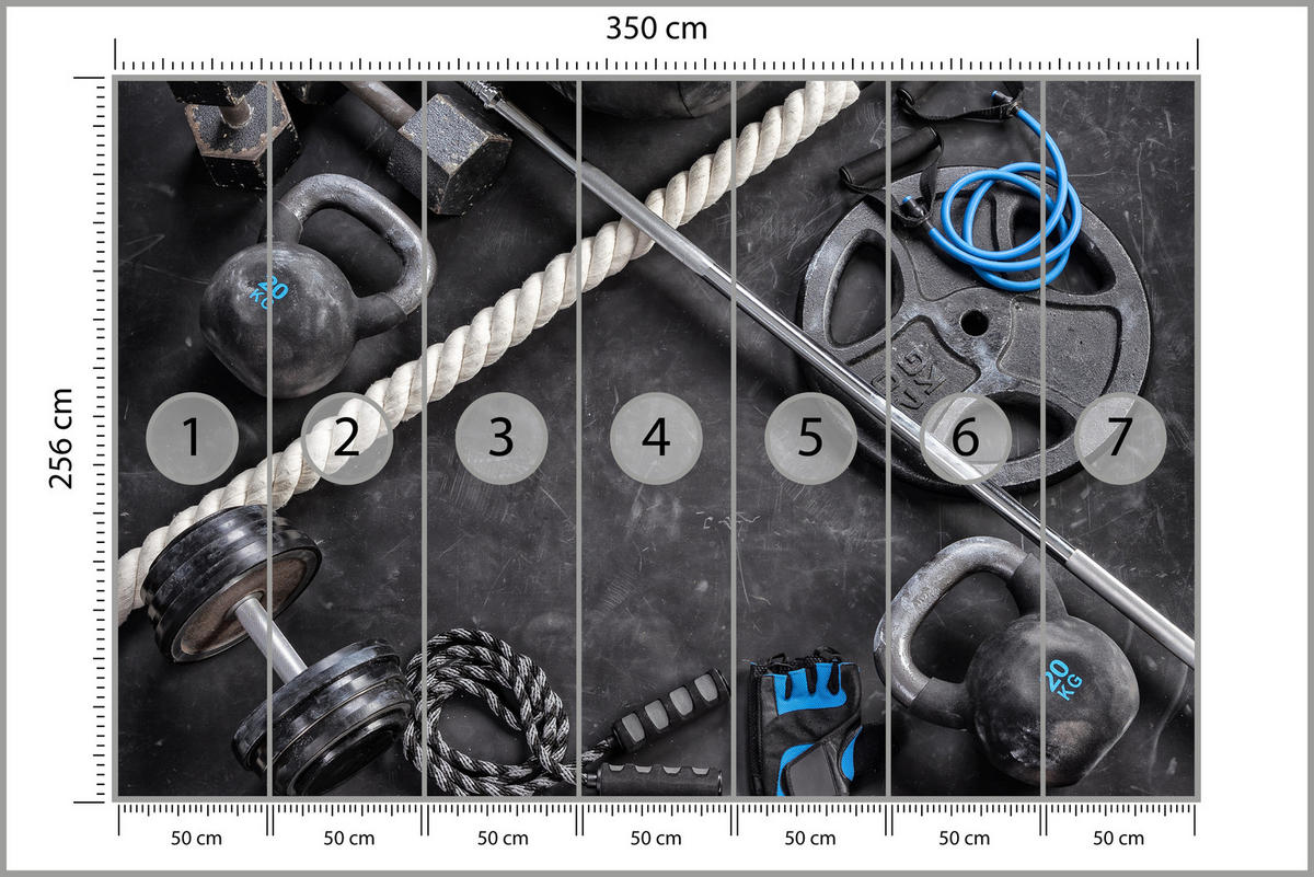 FOTOTAPETE für Fitnessstudio Sportgeräte zum Trainieren Kettlebells Hanteln 350x256 - Blau/Creme, Papier (350/256cm) - Muralo