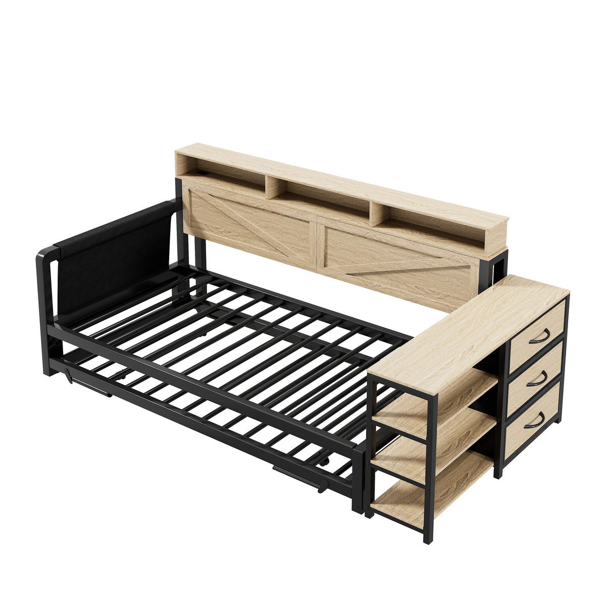 MULTIFUNKTIONSBETT 90/200 cm schwarz aus Metall mit Ausziehbett mit USB und LED - Schwarz, Holzwerkstoff (90/200cm) - OKWISH